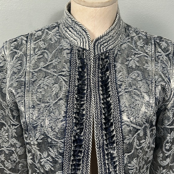 Coldwater Creek Blue Shiny Embroidered Jacquard Open Front Jacket Blazer small - Picture 12 of 13